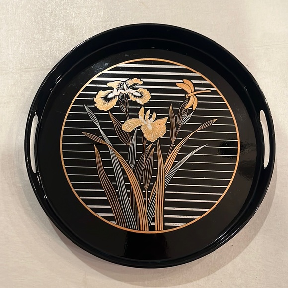 Vintage 80s art-deco style black and gold lacquer tray. GUC!